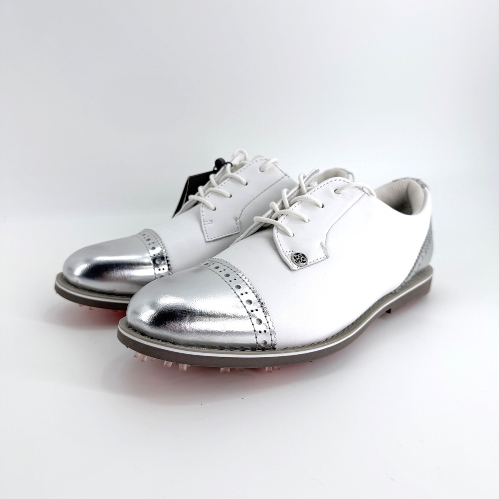 G/FORE Gallivanter Golf Shoes W Size 7 Cap Toe Leather White Silver Metallic NEW